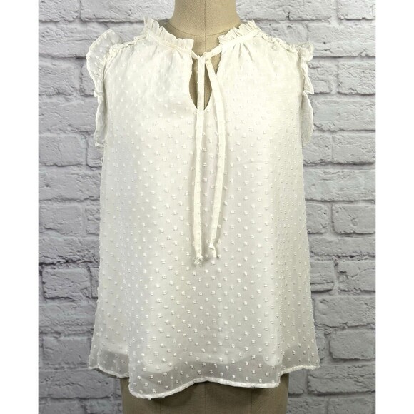 Womens Ivory Top SIZE SMALL Sheer Swiss Dot Blouse Sleeveless V Neck Ruffles NWT - Picture 1 of 10